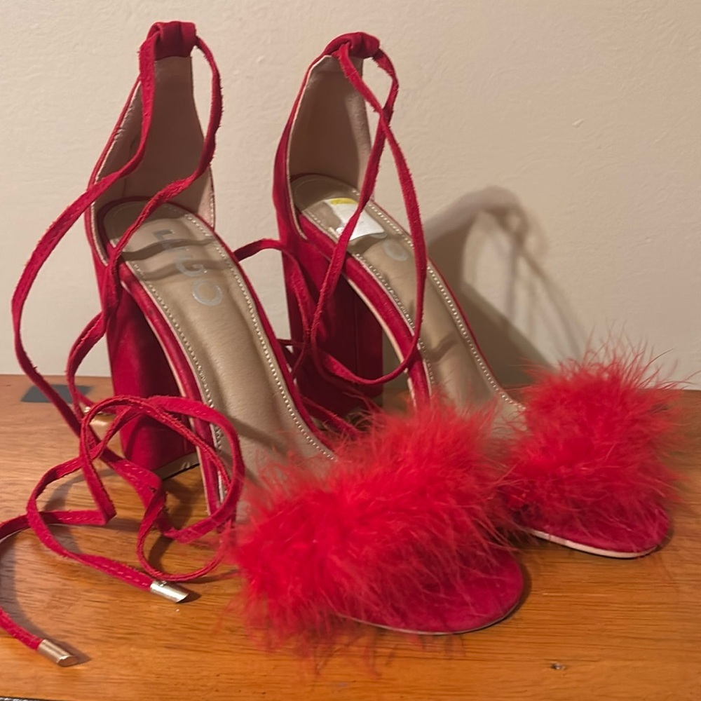 EGO Red Feather Lace-Up Block Heel Sandals